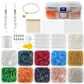 6112pcs 2x9mm Glass Tube Beads Kit with Individual Case, 8 Shiny Iridescent Colors Slim Beads and Seed Beads Faux Pearl Beads for DIY Earrings Bracelets Necklaces Tassels Jewelry Craft Gift Making