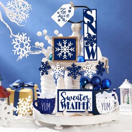 Jetec 12 Pieces Christmas Tiered Tray Decor Set Snowflake Wooden Sign Let It Snow Table Decorations Farmhouse Coffee Bar Signs Winter Tray Decor for Home Kitchen Tabletop(Blue)