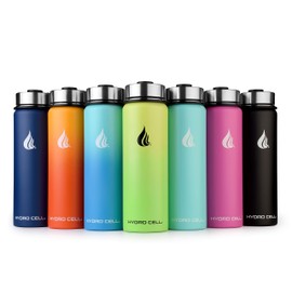 HYDRO CELL Stainless Steel Water Bottle w/ Straw & Wide Mouth Lids (64oz 40oz 32oz 24oz 18oz 14oz) - Keeps Liquids Perfectly Hot or Cold with Double Wall Vacuum Insulated Sweat Proof Sport Design (Black/White 24oz)