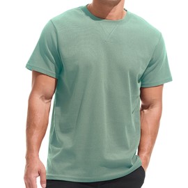 VEIISAR Men's Mini Waffle Knit Crew Neck T-Shirt - 190gsm Ultra-Fine Textured Cotton Tee - 1mm Micro Grid Breathable Top（ Green S）