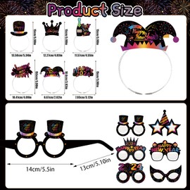 YQUQWN, 12 Pcs Happy New Year Headband and New Years Glasses Frame, New Years Photo Booth Props for New Year Decorations 2024