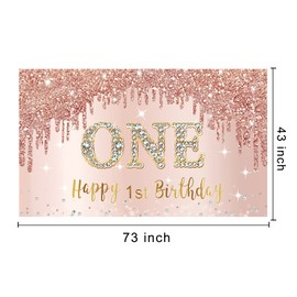 Happy 1st Birthday Banner Backdrop Decorations for Girls, Rose Gold 1 Year Old Birthday Party Sign Supplies, Pink One Birthday Poster Background Photo Booth Props Decor