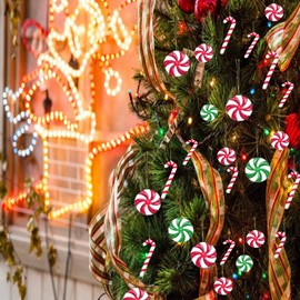 40Pieces Candy Cane Christmas Tree Decorations Red and Green Candy Christmas Tree Hanging Ornaments, 2 Styles Plastic Candy CaneThemed Christmas Tree Ornaments for Xmas Party Christmas Home Decoration
