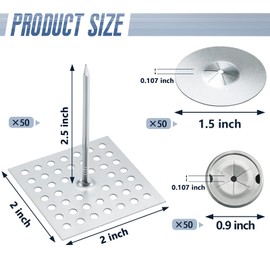 Perforated Insulation Pins 2-1/2 Inch, 1.5 Inch Self Locking Washers Round, 7/8 Inch Aluminum Insulation Dome Cap Washers for Wall and Ceiling (50 Sets)