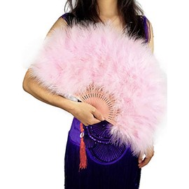 Handheld Marabou Feather Fan, 1920s Vintage Style Flapper Hand Fan for Costume Party and Dancing-Light Pink