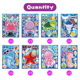24 Sheets Ocean Stickers for Kids, Make Your Own Sea Animal Mix and Match Sticker Sheets, Make a Face Stickers for Kids Activities Supplies Crafts