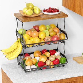 XYZLVSI 3 Tier Countertop Fruit Basket Bread Bowl with Wooden Top for Kitchen, Stackable Vegetable Potato Onion Storage Wire Basket with Banana Hangers, Black