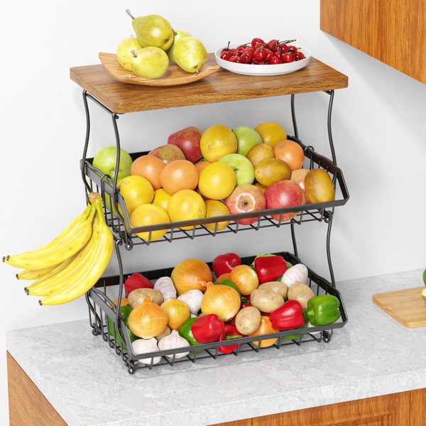 XYZLVSI 3 Tier Countertop Fruit Basket Bread Bowl with Wooden