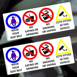 2 x Sticker Seat Belt No Smoking Vaping Food Drink CCTV Taxi Warning Sign Stickers Eating Drinking Notice Car Vehicle Health and Safety (Inside Window to Face Outwards *Not for Tinted Windows*)