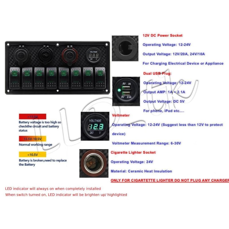 LLD_TK 8 Gang Toggle Switch Panel Breaker Green LED Voltmeter