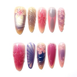 30Pcs French Tip Press on Nails Flower False Nails with Summer 3D Flower Embossed Design Beach Style Fake Nails Full Cover Stick on Nail Artificial Nails Daily Wear Nail Decoration for Women