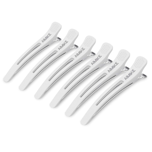 AIMIKE 6pcs Professional Hair Clips for Styling Sectioning, Non Slip No-Trace Duck Billed Hair Clips with Silicone Band, Salon and Home Hair Cutting Clips for Hairdresser, Women, Men - White 4.3” Long