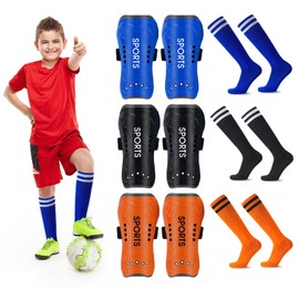 Shin Guards Soccer Kids, 3 Pair Youth Soccer Shin Guards and Soccer Socks, Breathable Football Shin Pads Boys Girls Soccer Shin Guards for Age 3-6-8-10-12 Kids Toddlers Children Teenagers (7-12)