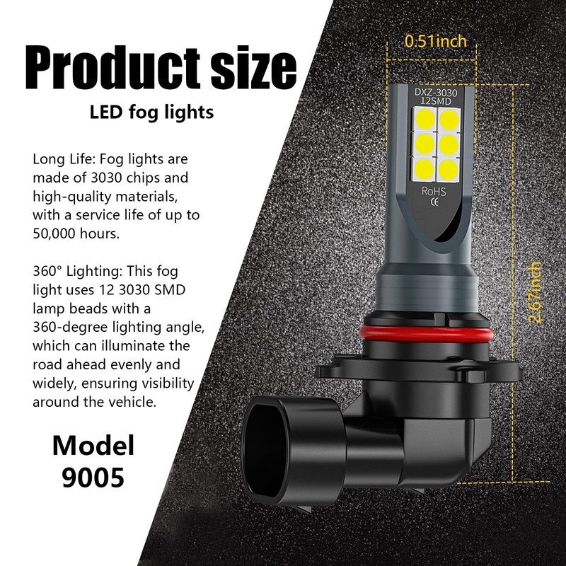 Nowkont Pack-2 Car 9005 LED Fog Light Bulb, 1500LM 3030-12SMD