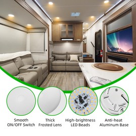 ULITECO RV Ceiling Light 12V, 4.5Inch RV Light Interior, Dimmable Camper Light for Inside, 450LM LED RV Puck Dome Lights for Motorhome Boat Trailer(Dimmable 3200K Warm White& Blue Nightlight, 6PCS)