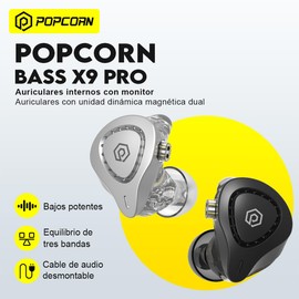 POPCORN Audífonos Intraurales Bass X9 Pro Dentro del oído estéreo Sonido Etapa Auriculares con Cable cancelación de Ruido Auriculares para músicos Cantantes audiófilos con Micrófono 3.5mm (Plateado)
