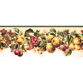 CONCORD WALLCOVERINGS ™ Wallpaper Border Fruit Pattern Apples Pears Berries Leaves, Die Cut Edge for Cottage Kitchen Dining Room, Green Cream Red Yellow, 15 ft by 8 in KT8325B