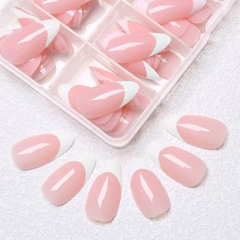 120 Pcs White French Tip Press on Nails Medium Almond Fake Nails, French Press on Nails Glossy Stick on Nails Almond Fase Nails Acrylic Glue on Nails for Women Girls