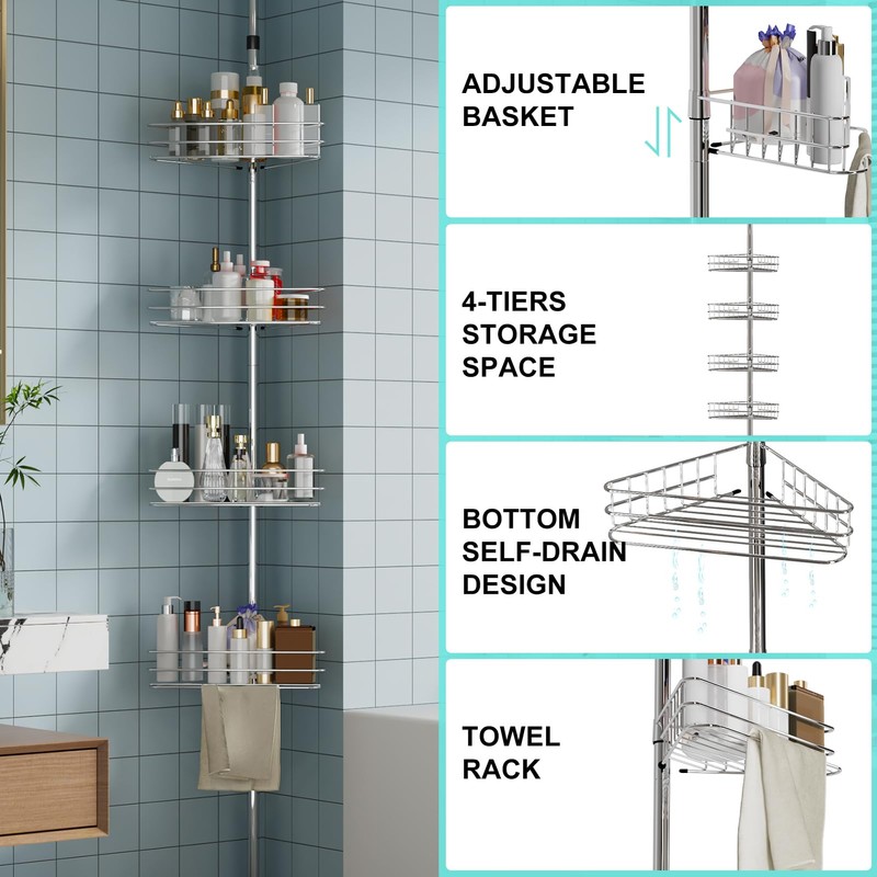 Takywep Corner Shower Caddy Tension Pole, 4-Tier Rustproof Bathroom Shelves