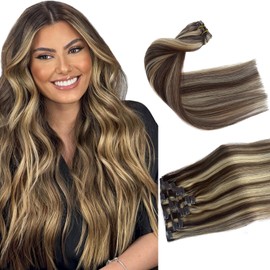 Clip in Hair Extensions Real Human Hair, Chocolate Brown Balayage Blonde Highlights Hair Extensions Real Human Hair Clip ins 7pcs 70G 22 Inch Clip in Hair Extension Human Hair Clip in Extensions