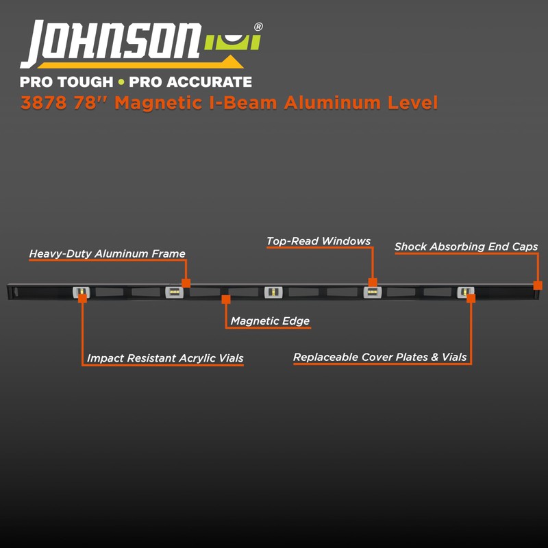 Johnson Level & Tool 3878 Magnetic Professional Aluminum, 78", Black,