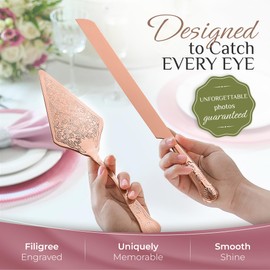 Orblue Wedding Cake Knife and Server Set - Premium, Beautifully Engraved Cutting Set - Elegant Keepsake for Newlyweds Rose Gold