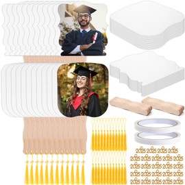 Chunful 98 Pcs 2025 Graduation Sublimation Fans Blank Bulk Double-Sided Sublimation Paddle Fan Blanks Includes White Cardstock Handle Sticks with Tassel Charms for DIY Craft Supplies