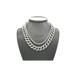 Charles Raymond Iced Out Hip Hop Gold or Silver Tone CZ Miami Cuban Link Chain Choker Necklaces Set, 16"+18", Zinc, Rhinestone