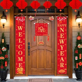 LeeLoon 53Pcs Lunar New Year Decorations 2026, Fabric Chinese Couplets Set Happy New Year Banner Porch Signs Red Lanterns Red Envelopes Paper Felt Lucky Hanging Ornaments for Spring Festival