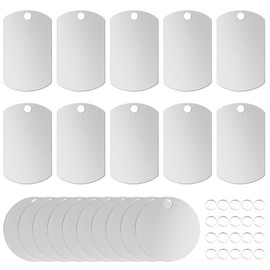PWGHWG Pack of 20 Stainless Steel Pendants Blank Rectangular/Round Stamping Blanks with Split Ring Blanks Dog Tags Key Ring Blanks with 20 Key Rings for DIY