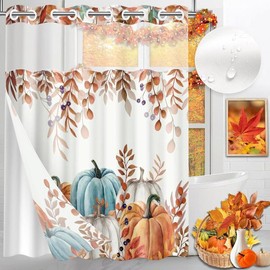 No Hook Rustic Farmhouse Shower Curtain with Snap in Fabric Liner Set, Teal Daisy Flowers and Butterfly on Wooden Double Layers Waterproof with See Through Top Bath Curtain 71x74 Inch - Color: Watercolor Pumpkin 2, Size: 71×74inch