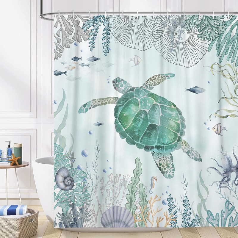 Sea Turtle Shower Curtain - Nautical Beach Underwater Decorative Shower