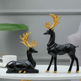 2 Pieces Christmas Reindeer Figurines Decor Nordic European Style Deer Statue Fireplace Window Desk Bedroom Shelf Ornament for Home Living Room Office Decoration (Black,Medium)