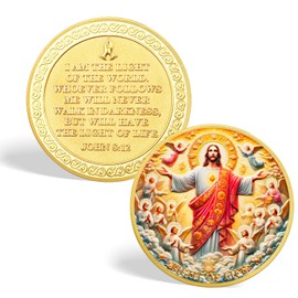 Tokenara Jesus Light of Life Christian Challenge Coin with John 8:12 Bible Verse, Divine Savior with Angels Religious Coin, Inspirational Christian Faith-Based Gift for Men Women