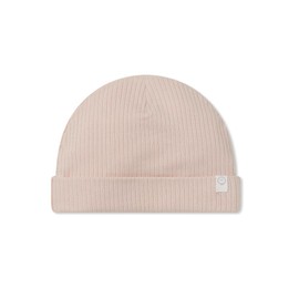MORI Baby Unisex Stretchy Hat in Ribbed Blush for Boys and Girls - Warm Roll Up Beanie - Soft Organic Headwear - 0-3 Months