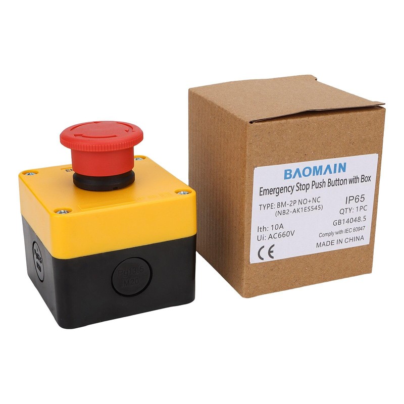 Baomain Red Sign Emergency Stop Switch, Weatherproof Push Button Switch