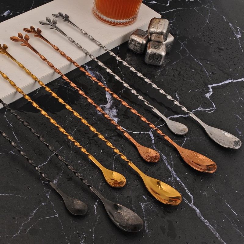 AnSaw Gold 10-Inch Stainless Steel Cocktail Spoon with Leaf Handle