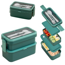 Echehi 2-Layer Lunch Box with Compartments for Adults and Kids, 950 ml+ 450 ml Stackable Large Capacity Lunch Box, Lunch Box with Cutlery and Hidden Handle. Green