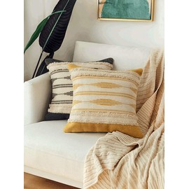 MOCOFO 45x45cm 2 Pieces Decorative Boho Pillowcase Tufted Tassel Pillow Case for Sofa Living Room Bedroom (Yellow)