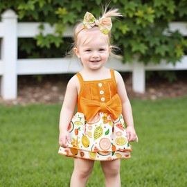 Youweixiong Newborn Baby Girl Summer Romper Dress Sleeveless Ruffle Ribbed Fruit Print Layered Skirt Bodysuit Bow Sundress with Headband (Orange, 12-18 Months)