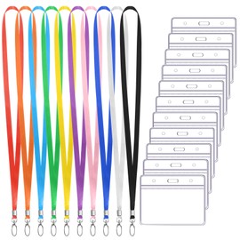 ID Card Holder with Strap Set, Pack of 10 Transparent Card Sleeves, 10 Pieces Lanyard Black with Rotating Clip, ID Holder for Students
