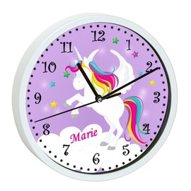 CreaDesign, WU-00-1034-05 Unicorn Purple Wall Clock for Children's Room, Customisable with Name, White Frame, Diameter 19.5 cm