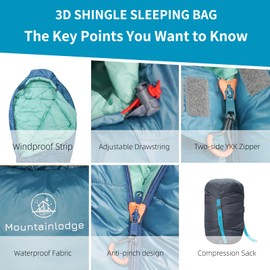 Mountainlodge 3-4 Seasons Cyan Two-Layer Shingle Sleeping Bag with Inner Pocket for Adult,Perfect for Backpacking,Traveling and Hiking,Including Free Compression Stuff Sack (Cyan with Right Hand)