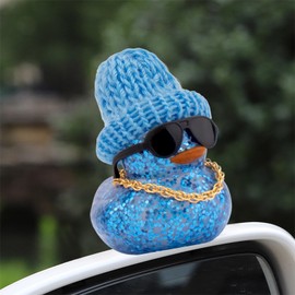 wonuu Car Dashboard Glitter Rubber Ducks, Festival Decorations Rubber Ducky for Car Ornament Cute Duck with Knit Hat, Glasses, Necklace, Blue