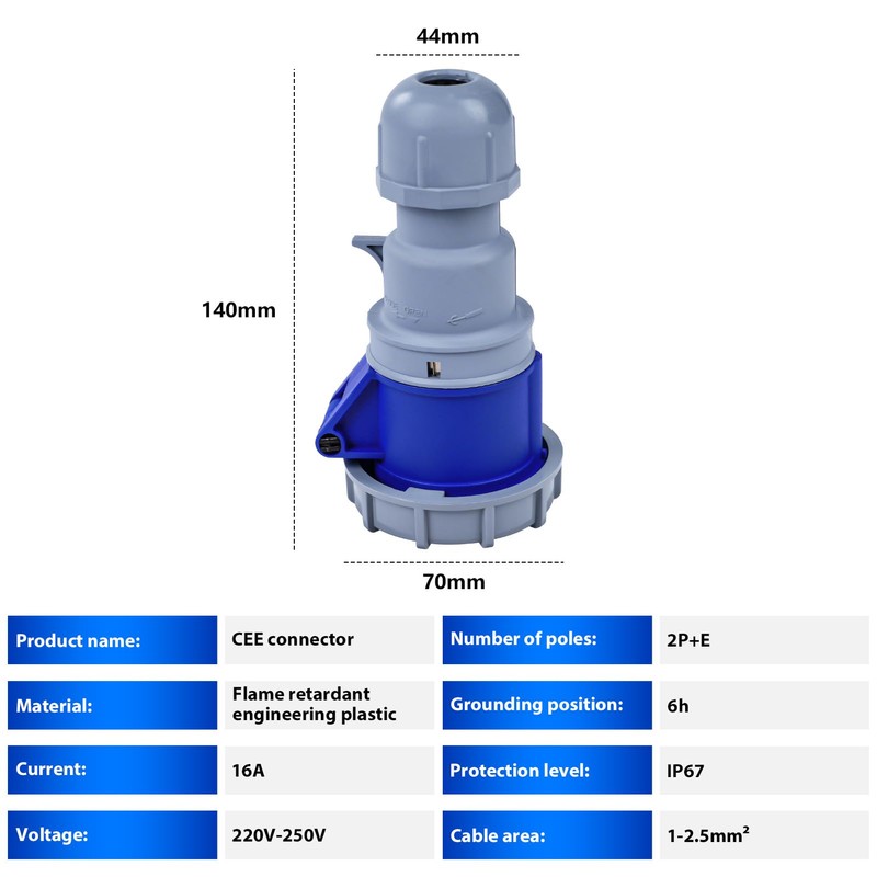 250V 16A 2P+E Industrial Adapter, 3pin CEE Plug/Socket Adapter IP67