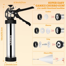 QXQXIN Churro Gun Kit Machine, Stailness Steel Churrro Maker with 4 Discs for Hollow Churro,5 Cookies Discs, 6 Icing Piping Nozzle, Piping Bag, 2 Clean Brushes for Christmas, Thanksgiving, Birthdays