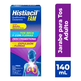 Histiacil FAM Jarabe Adultos Fresa 140 ml. Con Acción 3 en 1: Alivio de la Tos Seca y con Flemas, Descongestiona y Facilita la Expectoración