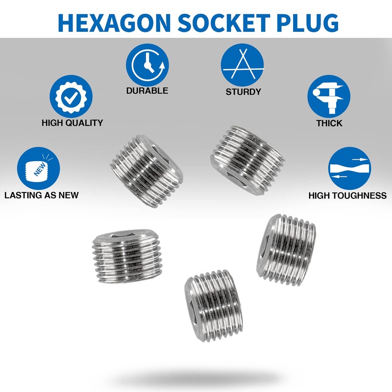 LifCratms 3/8" NPT Male Plug, 304 Stainless Steel Internal Hex