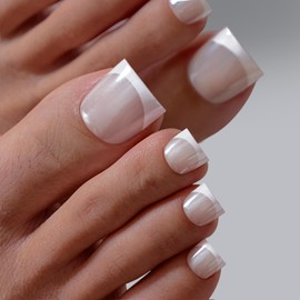 BTArtbox Press On Toenails - Lamp-Curable Real Square French Tip Toe Nail Press Ons with Glue for Women, Semi-Transparent Fake Toe Nail Tips in 15 Sizes - 30 Toenails Kit, Alabaster