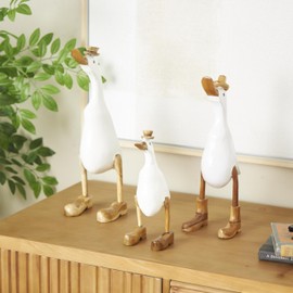 Deco 79 Bamboo Wood Duck Decorative Sculpture Home Decor Statues with Brown Top Hats and Shoes, Set of 3 Accent Figurines, 14", 11"H, White